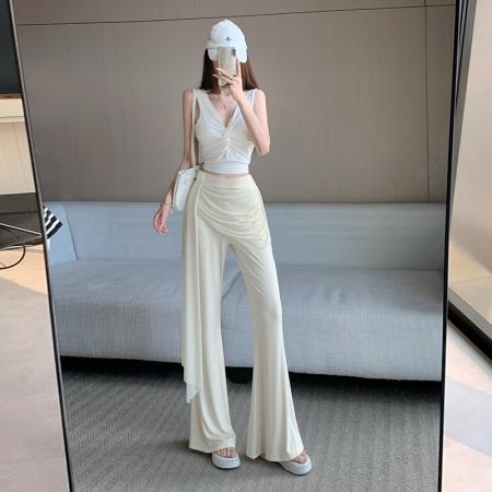 BY14124# 飘逸设计感洋气轻奢百搭显瘦蕾丝拼接假两件休闲微喇叭垂感长裤 服裝批發女裝批發服飾貨源