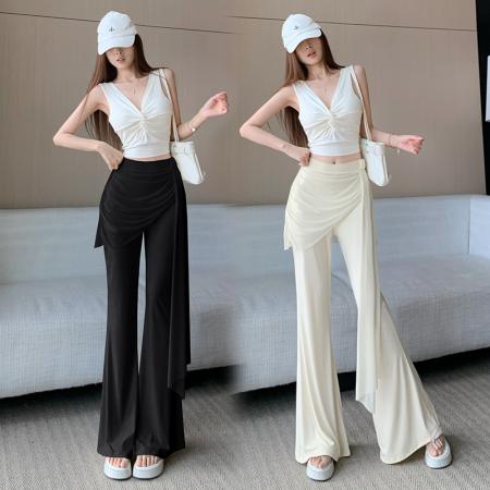 BY14124# 飘逸设计感洋气轻奢百搭显瘦蕾丝拼接假两件休闲微喇叭垂感长裤 服裝批發女裝批發服飾貨源