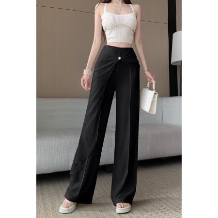 凉凉裤冰丝雪纺拼接西装显高显瘦女夏天薄款高腰垂感休闲微喇裤 服裝批發女裝批發服飾貨源