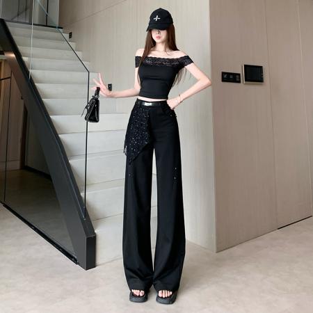 蕾丝花边西装阔腿裤女夏季设计感假两件高腰裤休闲垂感拖地直筒裤 服裝批發女裝批發服飾貨源