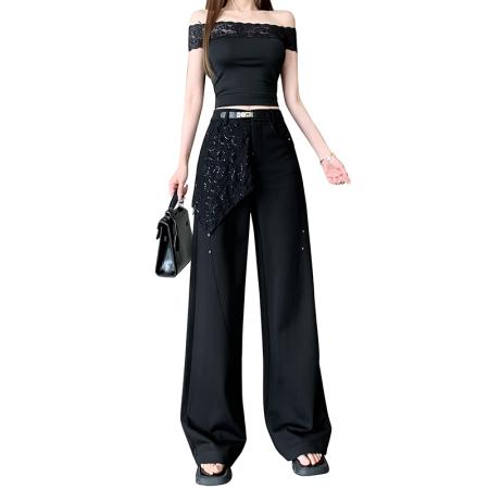 蕾丝花边西装阔腿裤女夏季设计感假两件高腰裤休闲垂感拖地直筒裤 服裝批發女裝批發服飾貨源