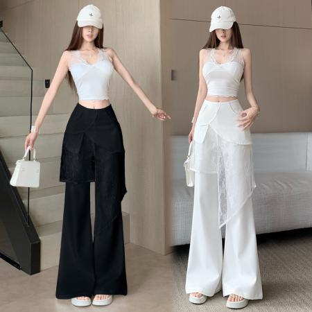 白色叠穿屁帘阔腿裤女夏季薄款假两件拼接高腰垂感直筒拖地休闲裤 服裝批發女裝批發服飾貨源