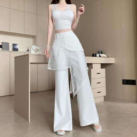 白色叠穿屁帘阔腿裤女夏季薄款假两件拼接高腰垂感直筒拖地休闲裤 服裝批發女裝批發服飾貨源