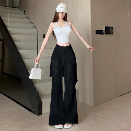 白色叠穿屁帘阔腿裤女夏季薄款假两件拼接高腰垂感直筒拖地休闲裤 服裝批發女裝批發服飾貨源