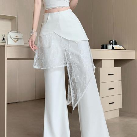白色叠穿屁帘阔腿裤女夏季薄款假两件拼接高腰垂感直筒拖地休闲裤 服裝批發女裝批發服飾貨源