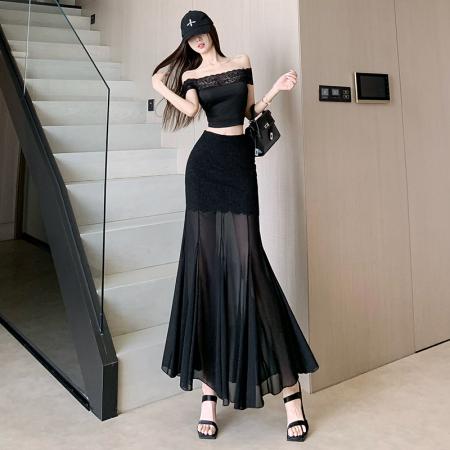 黑色蕾丝拼接半身裙女夏季时尚不规则网纱高腰a字垂感包臀鱼尾裙 服裝批發女裝批發服飾貨源