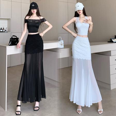 黑色蕾丝拼接半身裙女夏季时尚不规则网纱高腰a字垂感包臀鱼尾裙 服裝批發女裝批發服飾貨源