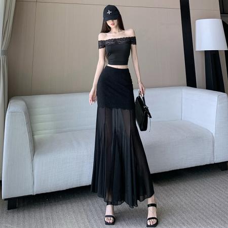 黑色蕾丝拼接半身裙女夏季时尚不规则网纱高腰a字垂感包臀鱼尾裙 服裝批發女裝批發服飾貨源