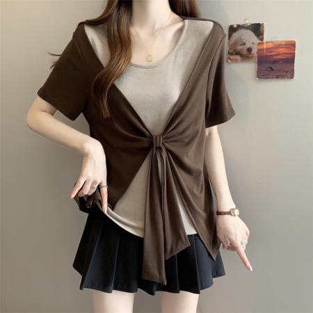 BY14130# 大码胖MM新款撞色拼接假两件圆领短袖T恤女时尚显瘦上衣 服裝批發女裝批發服飾貨源