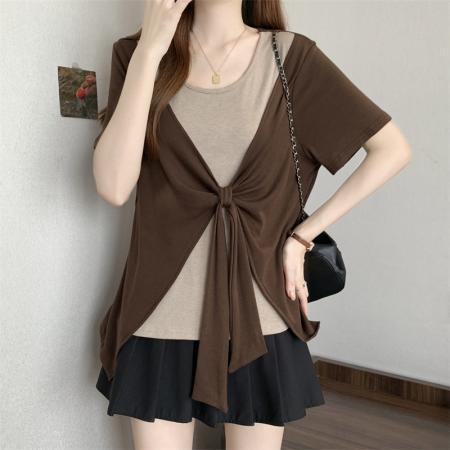 BY14130# 大码胖MM新款撞色拼接假两件圆领短袖T恤女时尚显瘦上衣 服裝批發女裝批發服飾貨源