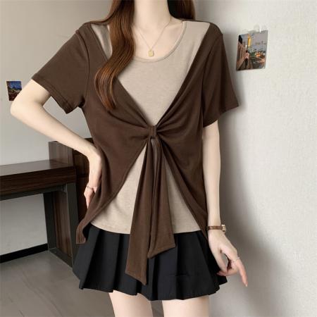 BY14130# 大码胖MM新款撞色拼接假两件圆领短袖T恤女时尚显瘦上衣 服裝批發女裝批發服飾貨源