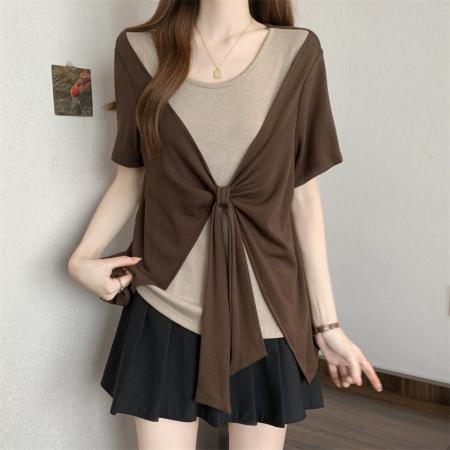 BY14130# 大码胖MM新款撞色拼接假两件圆领短袖T恤女时尚显瘦上衣 服裝批發女裝批發服飾貨源