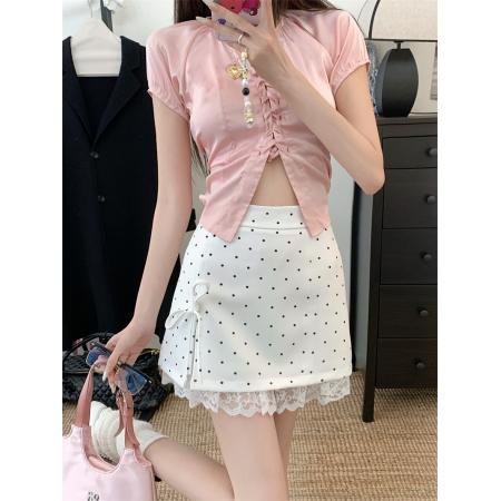 夏季显瘦百搭波点蝴蝶结拼接蕾丝花边高腰A字侧开叉半身裙女 服裝批發女裝批發服飾貨源