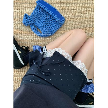 夏季显瘦百搭波点蝴蝶结拼接蕾丝花边高腰A字侧开叉半身裙女 服裝批發女裝批發服飾貨源