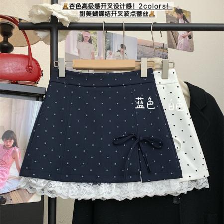 夏季显瘦百搭波点蝴蝶结拼接蕾丝花边高腰A字侧开叉半身裙女 服裝批發女裝批發服飾貨源