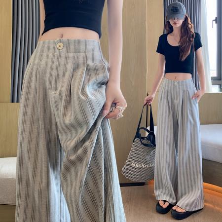 BY14135# 高级感宽松条纹棉麻休闲阔腿裤女夏季薄款慵懒松弛感垂感长裤 服裝批發女裝批發服飾貨源