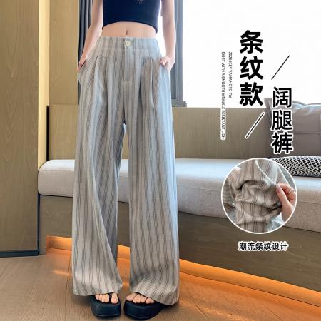 高级感宽松条纹棉麻休闲阔腿裤女夏季薄款慵懒松弛感垂感长裤 服裝批發女裝批發服飾貨源