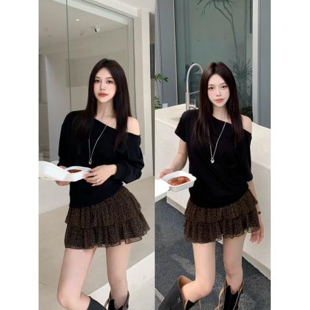 BY14137# 夏季大码女装新款露肩T恤一字肩斜领上衣+豹纹雪纺小性感短裙 服裝批發女裝批發服飾貨源