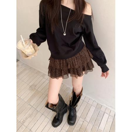 BY14137# 夏季大码女装新款露肩T恤一字肩斜领上衣+豹纹雪纺小性感短裙 服裝批發女裝批發服飾貨源