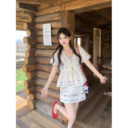 BY14139# 棉麻刺绣短袖重工绣花衬衫高腰直筒半身裙套装胖mm夏季两件套 服裝批發女裝批發服飾貨源