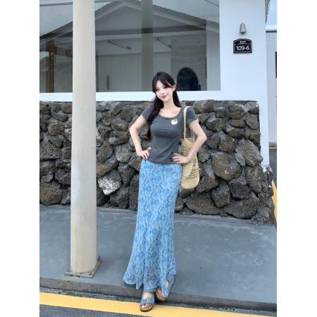 BY14140# 韩系正肩设计感U领短袖+蓝色碎花半身鱼尾长裙胖MM慵懒风温柔 服裝批發女裝批發服飾貨源