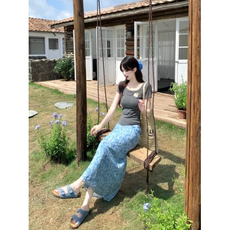 BY14140# 韩系正肩设计感U领短袖+蓝色碎花半身鱼尾长裙胖MM慵懒风温柔 服裝批發女裝批發服飾貨源
