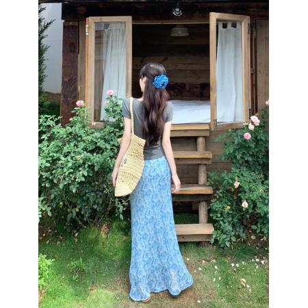 BY14140# 韩系正肩设计感U领短袖+蓝色碎花半身鱼尾长裙胖MM慵懒风温柔 服裝批發女裝批發服飾貨源