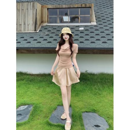 BY14141# 设计感荡领短袖T恤胖MM夏季女装缎面半身裙A字裙气质两件套 服裝批發女裝批發服飾貨源