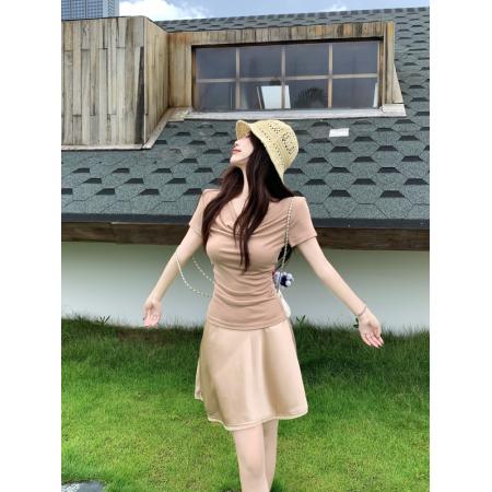 BY14141# 设计感荡领短袖T恤胖MM夏季女装缎面半身裙A字裙气质两件套 服裝批發女裝批發服飾貨源