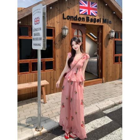 BY14142# 度假风套装重工刺绣胖mm肌理感碎花衬衫V领短袖上衣阔腿裤 服裝批發女裝批發服飾貨源