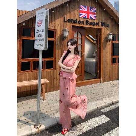 BY14142# 度假风套装重工刺绣胖mm肌理感碎花衬衫V领短袖上衣阔腿裤 服裝批發女裝批發服飾貨源