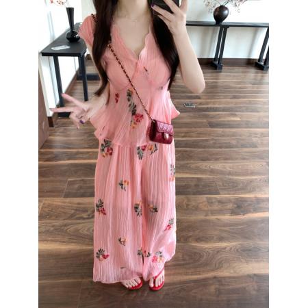 BY14142# 度假风套装重工刺绣胖mm肌理感碎花衬衫V领短袖上衣阔腿裤 服裝批發女裝批發服飾貨源