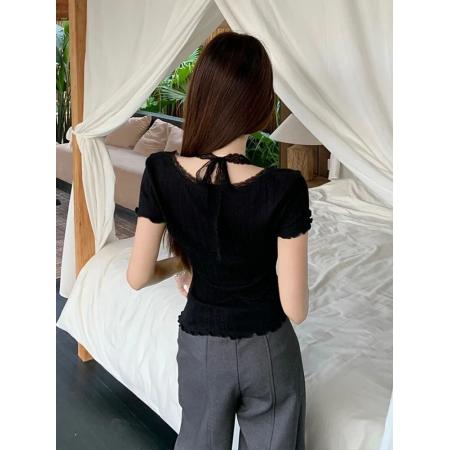 BY14143# 韩系纯欲风蕾丝拼接假两件短袖T恤女新款修身挂脖上衣夏 服裝批發女裝批發服飾貨源