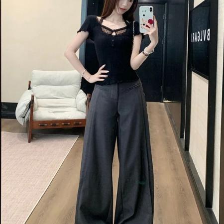 BY14143# 韩系纯欲风蕾丝拼接假两件短袖T恤女新款修身挂脖上衣夏 服裝批發女裝批發服飾貨源