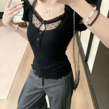 BY14143# 韩系纯欲风蕾丝拼接假两件短袖T恤女新款修身挂脖上衣夏 服裝批發女裝批發服飾貨源