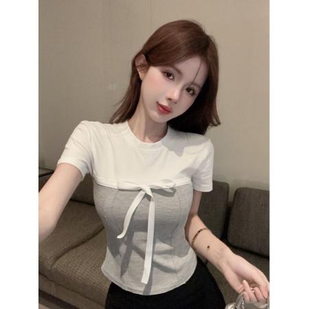 BY14144# 纯棉螺纹蝴蝶结假两件正肩短袖t恤女夏季 服裝批發女裝批發服飾貨源