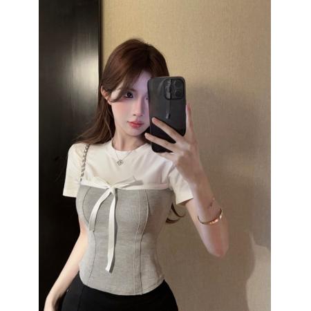 BY14144# 纯棉螺纹蝴蝶结假两件正肩短袖t恤女夏季 服裝批發女裝批發服飾貨源