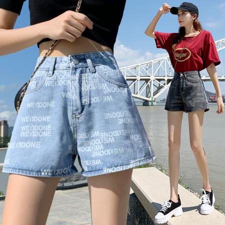 高腰印花牛仔阔腿短裤女夏季韩版简约a字直筒哈伦热裤ins 服裝批發女裝批發服飾貨源