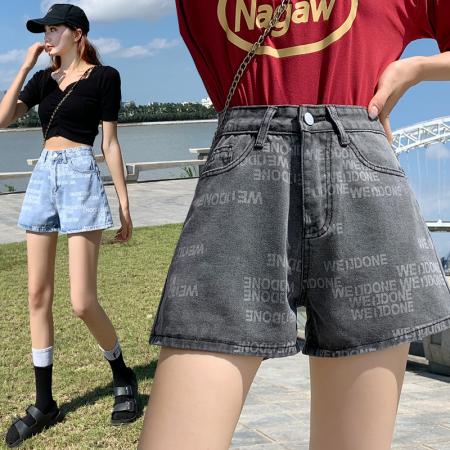 高腰印花牛仔阔腿短裤女夏季韩版简约a字直筒哈伦热裤ins 服裝批發女裝批發服飾貨源