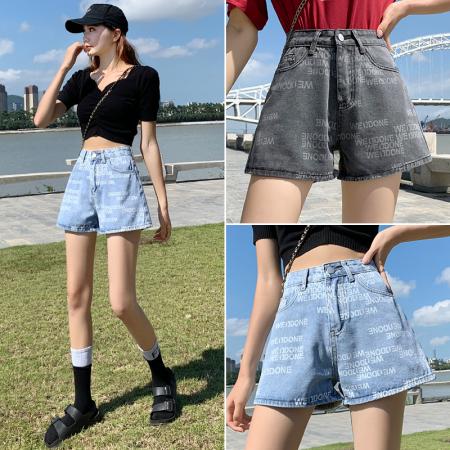高腰印花牛仔阔腿短裤女夏季韩版简约a字直筒哈伦热裤ins 服裝批發女裝批發服飾貨源