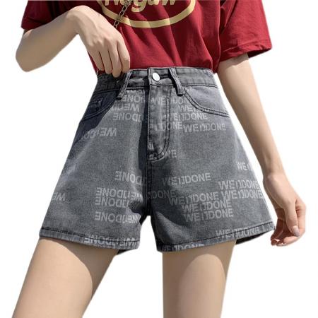高腰印花牛仔阔腿短裤女夏季韩版简约a字直筒哈伦热裤ins 服裝批發女裝批發服飾貨源