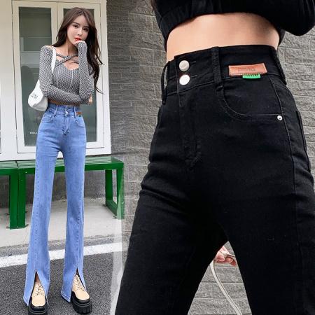 BY14148# 浅色开叉牛仔...