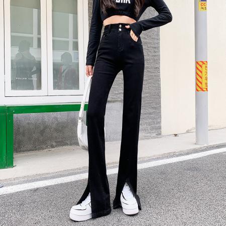 BY14148# 浅色开叉牛仔裤女夏季高腰弹力小个子阔腿裤微喇叭长裤潮 服裝批發女裝批發服飾貨源