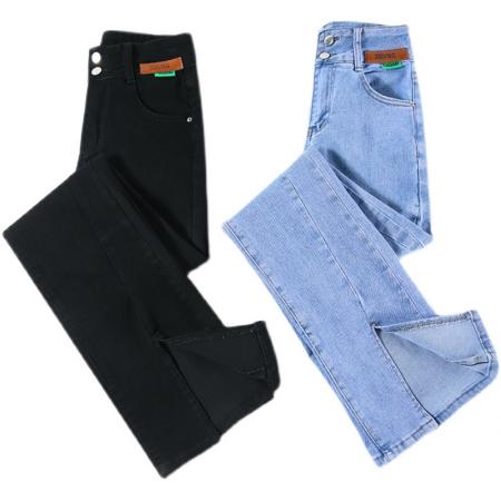 BY14148# 浅色开叉牛仔裤女夏季高腰弹力小个子阔腿裤微喇叭长裤潮 服裝批發女裝批發服飾貨源