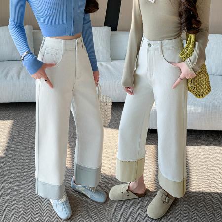 BY14149# 撞色直筒牛仔...