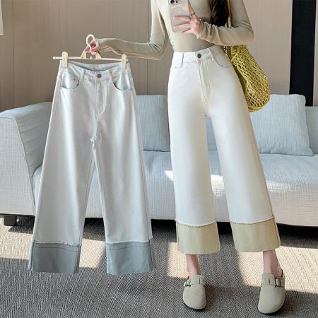 撞色直筒牛仔裤女夏季新款高腰显瘦设计感拼接九分阔腿裤 服裝批發女裝批發服飾貨源