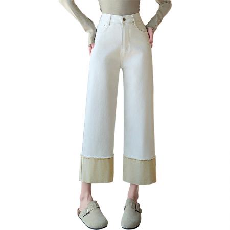 撞色直筒牛仔裤女夏季新款高腰显瘦设计感拼接九分阔腿裤 服裝批發女裝批發服飾貨源