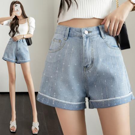 烫钻牛仔a字短裤女夏季韩版高腰显瘦翻边哈伦阔腿裤热裤 服裝批發女裝批發服飾貨源