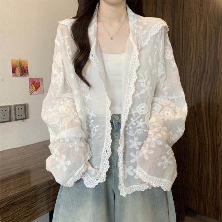 BY14154# 新款重工钩花刺绣连帽宽松单排扣薄款蕾丝开衫 服裝批發女裝批發服飾貨源