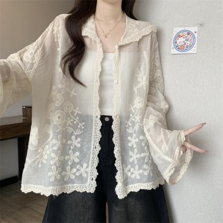 BY14154# 新款重工钩花刺绣连帽宽松单排扣薄款蕾丝开衫 服裝批發女裝批發服飾貨源
